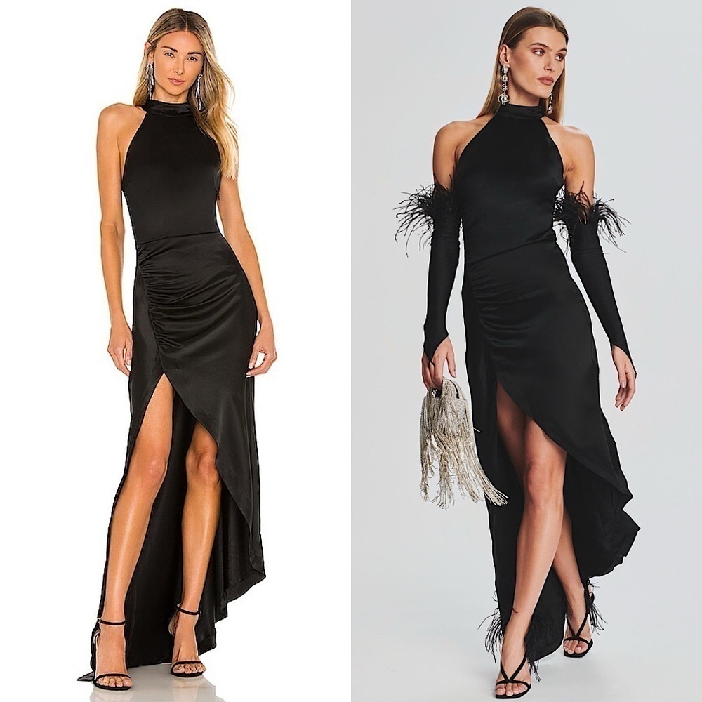 NWT RETROFETE Satin Sleeveless Halter Mockneck Ruched Side High Low Maxi Gown XL
